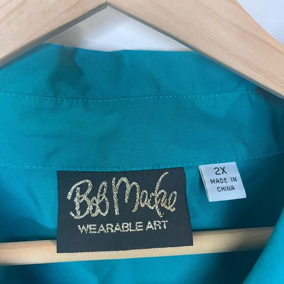 Bob Mackie Button Down Peacock Tunic Top Size 2X Slit Hem Teal/‎ Green - Picture 5 of 7